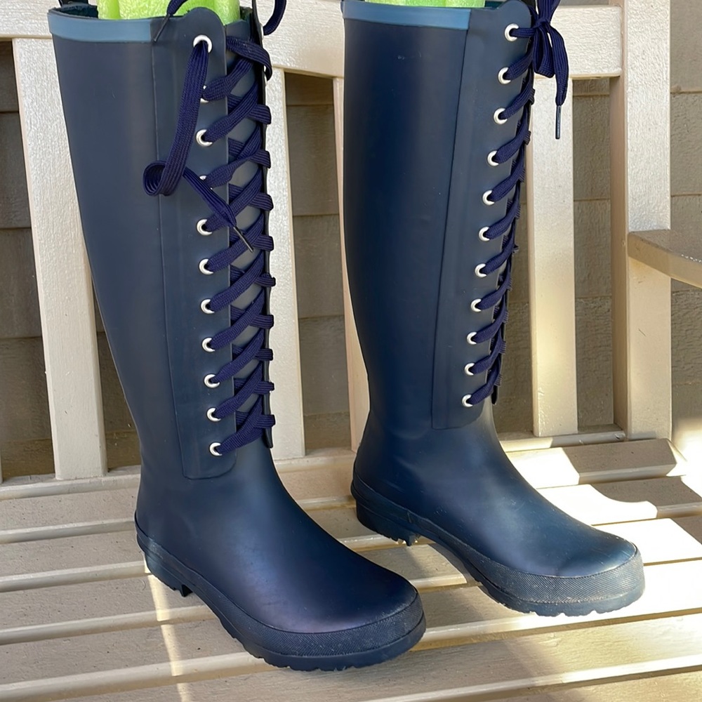 Navy blue, lace up rain boots